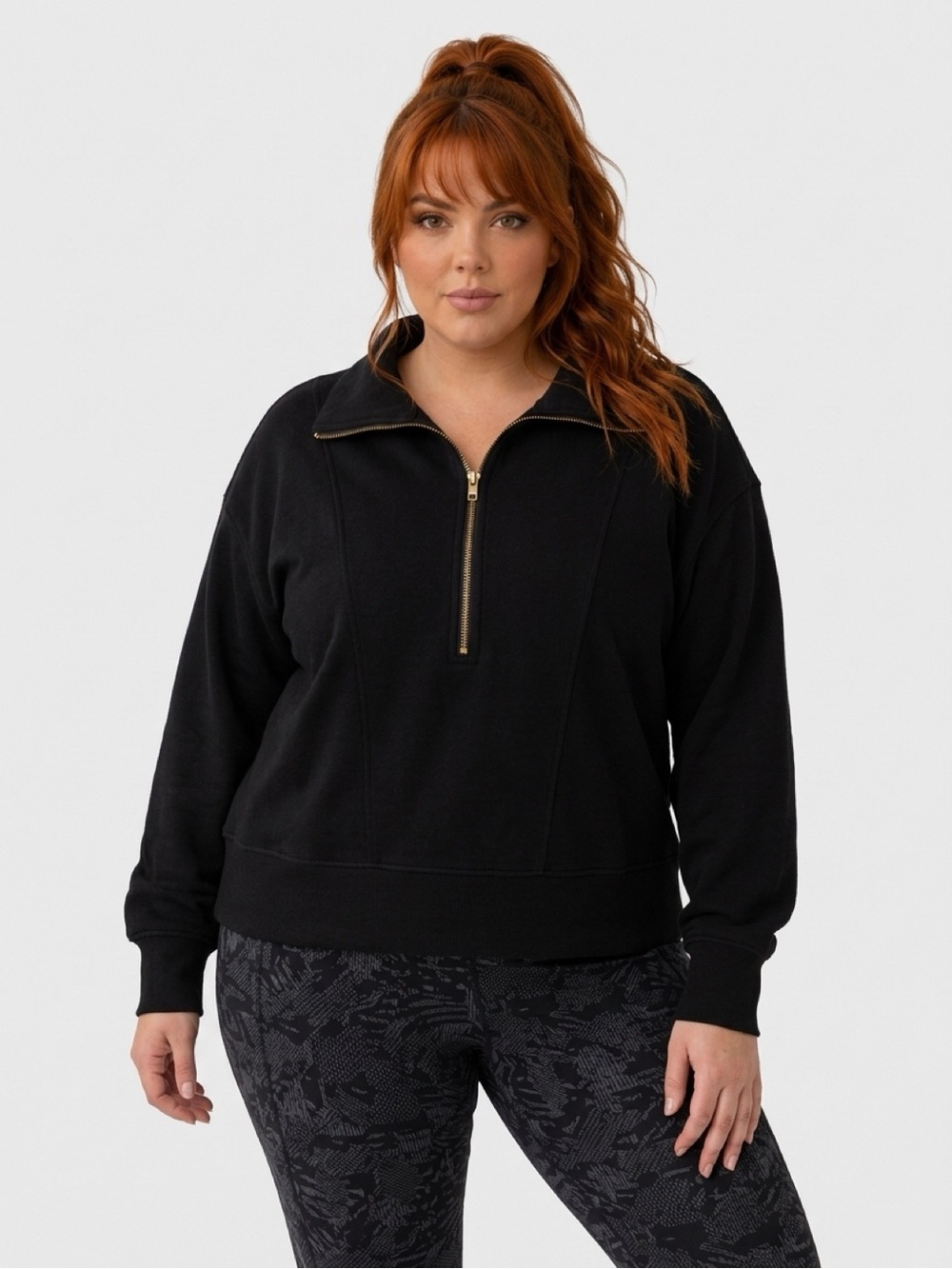 Women's Black Half-Zip Pullover Hoodie with Gold Zipper